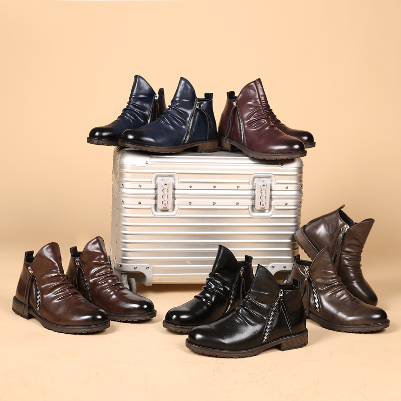 Men's leather boots with double side zippers non-slip soles