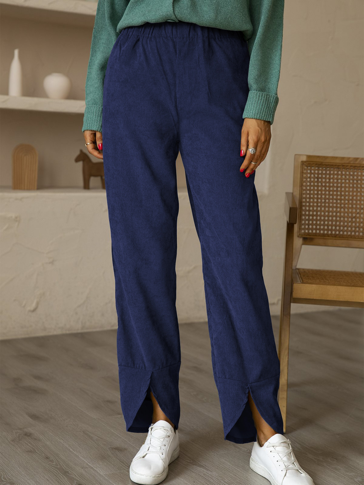 Women's thickened corduroy elastic waist straight casual pants