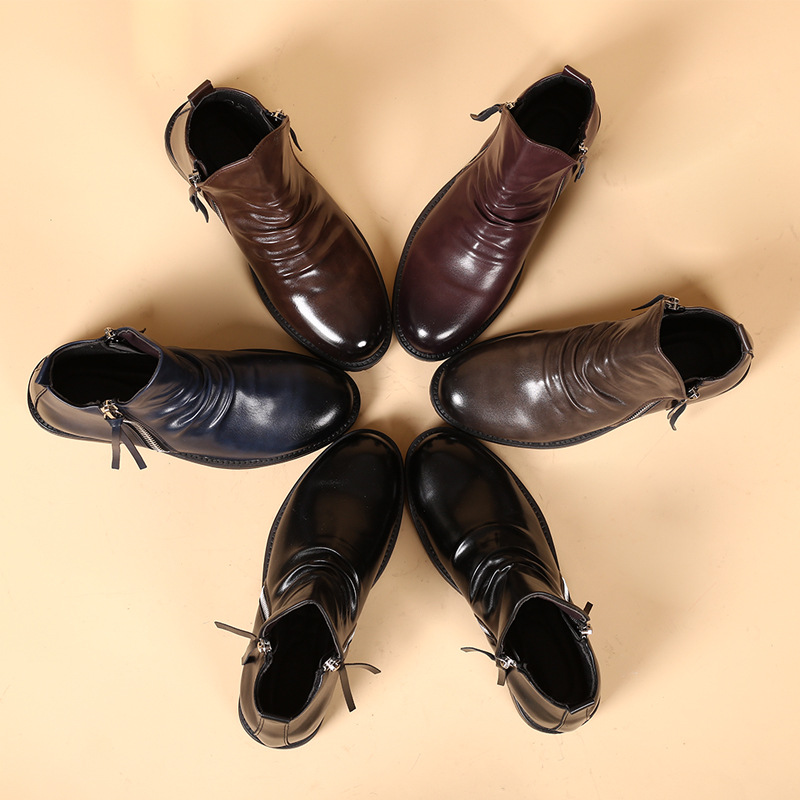Men's leather boots with double side zippers non-slip soles