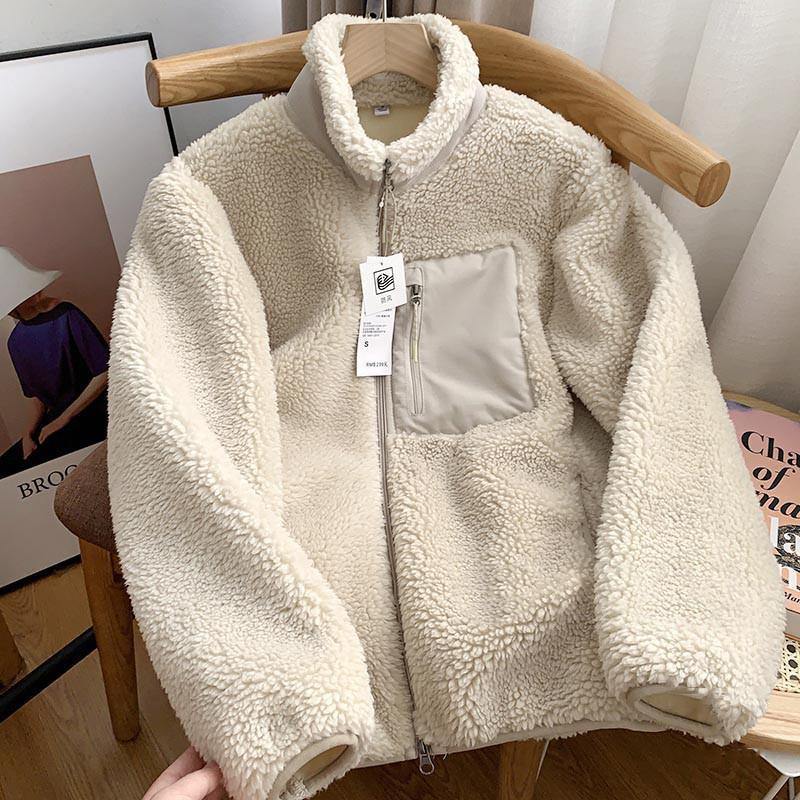 Women's short cardigan plush jacket lamb wool coat
