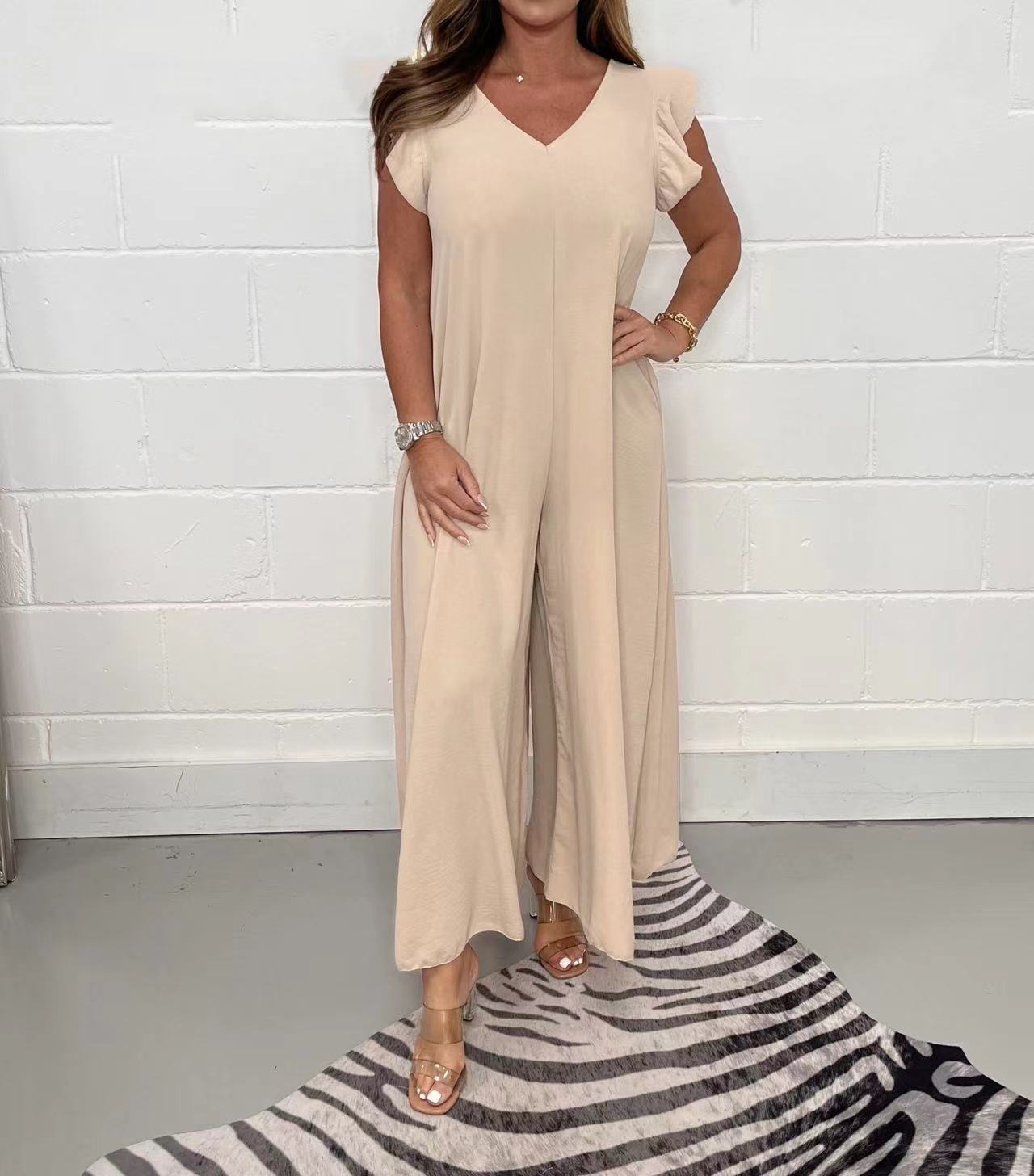 Green Ruffled Sleeve Back Tie Jumpsuit