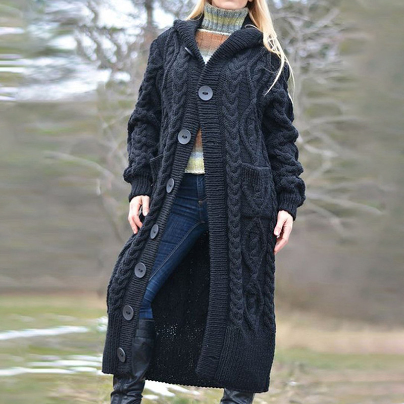 Women's Warm Button Up Hooded Long Sweater