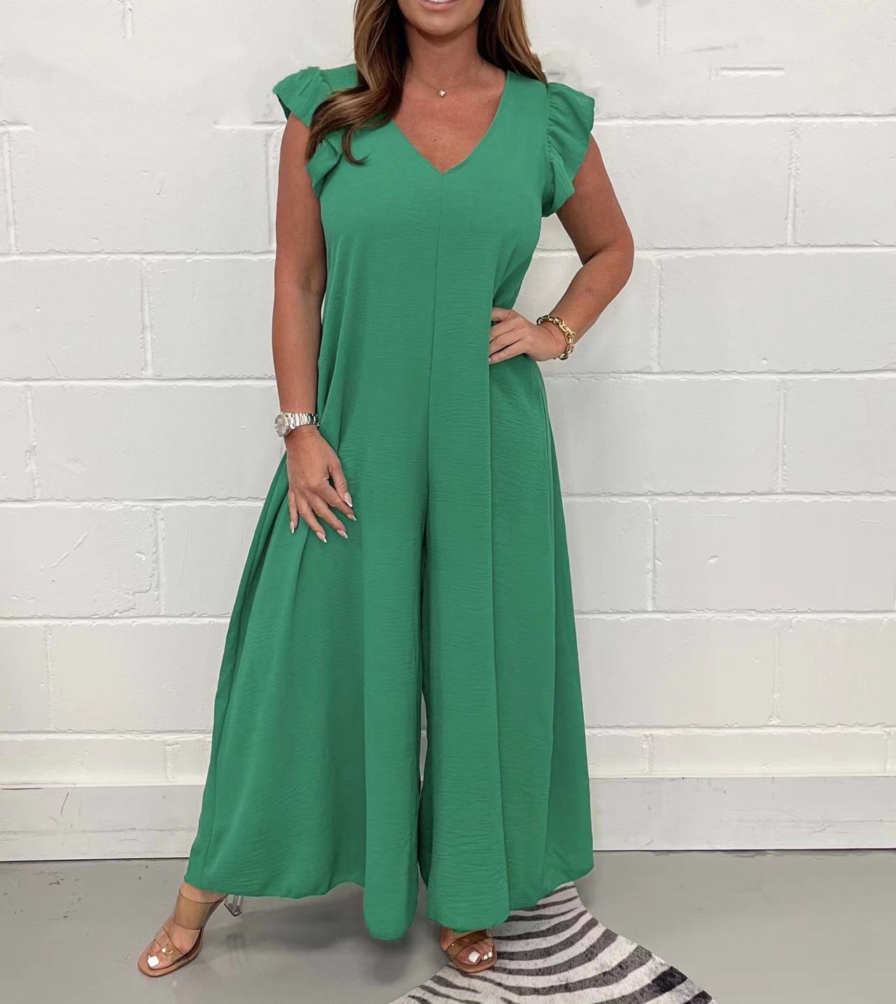 Green Ruffled Sleeve Back Tie Jumpsuit