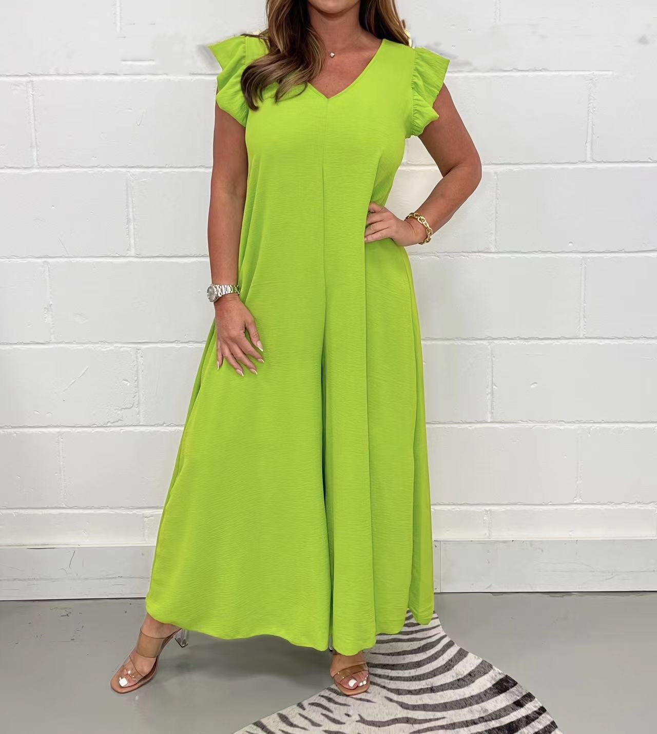 Green Ruffled Sleeve Back Tie Jumpsuit