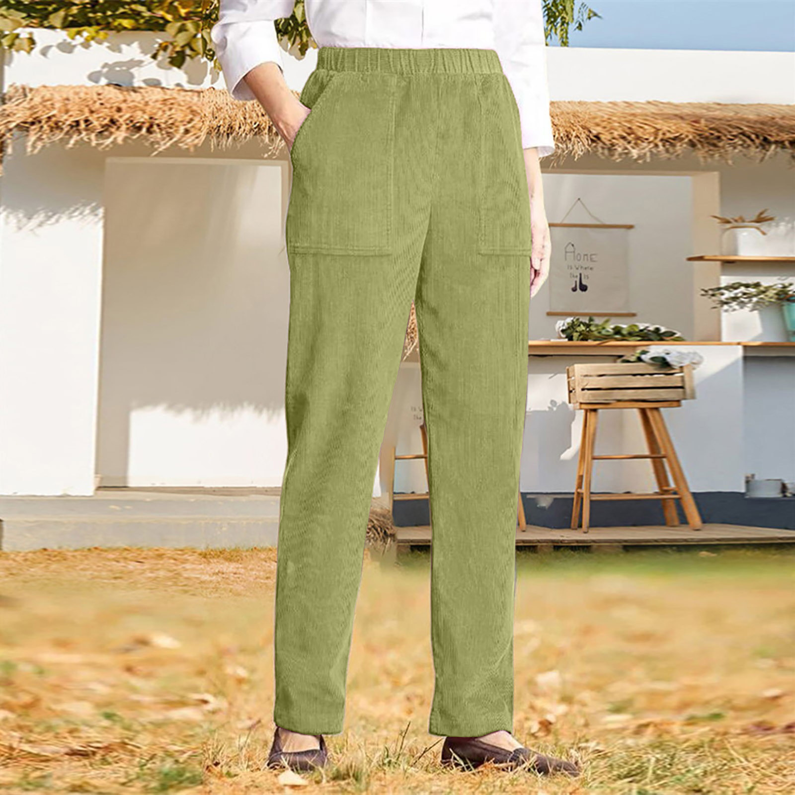 Women's Solid Color Elastic Waist Casual Corduroy Straight Leg Pants-Buy 3 Get Free Shipping