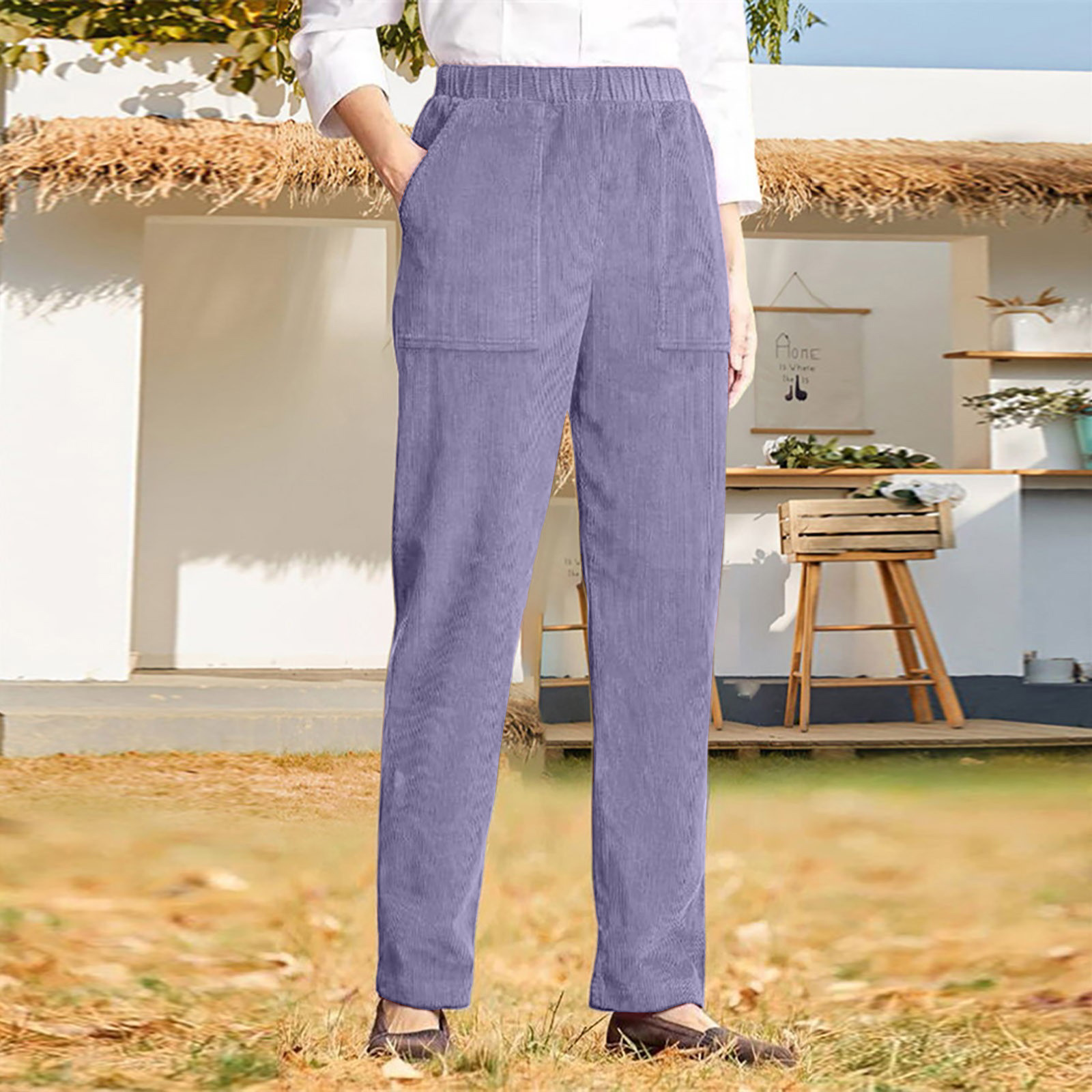 Women's Solid Color Elastic Waist Casual Corduroy Straight Leg Pants-Buy 3 Get Free Shipping