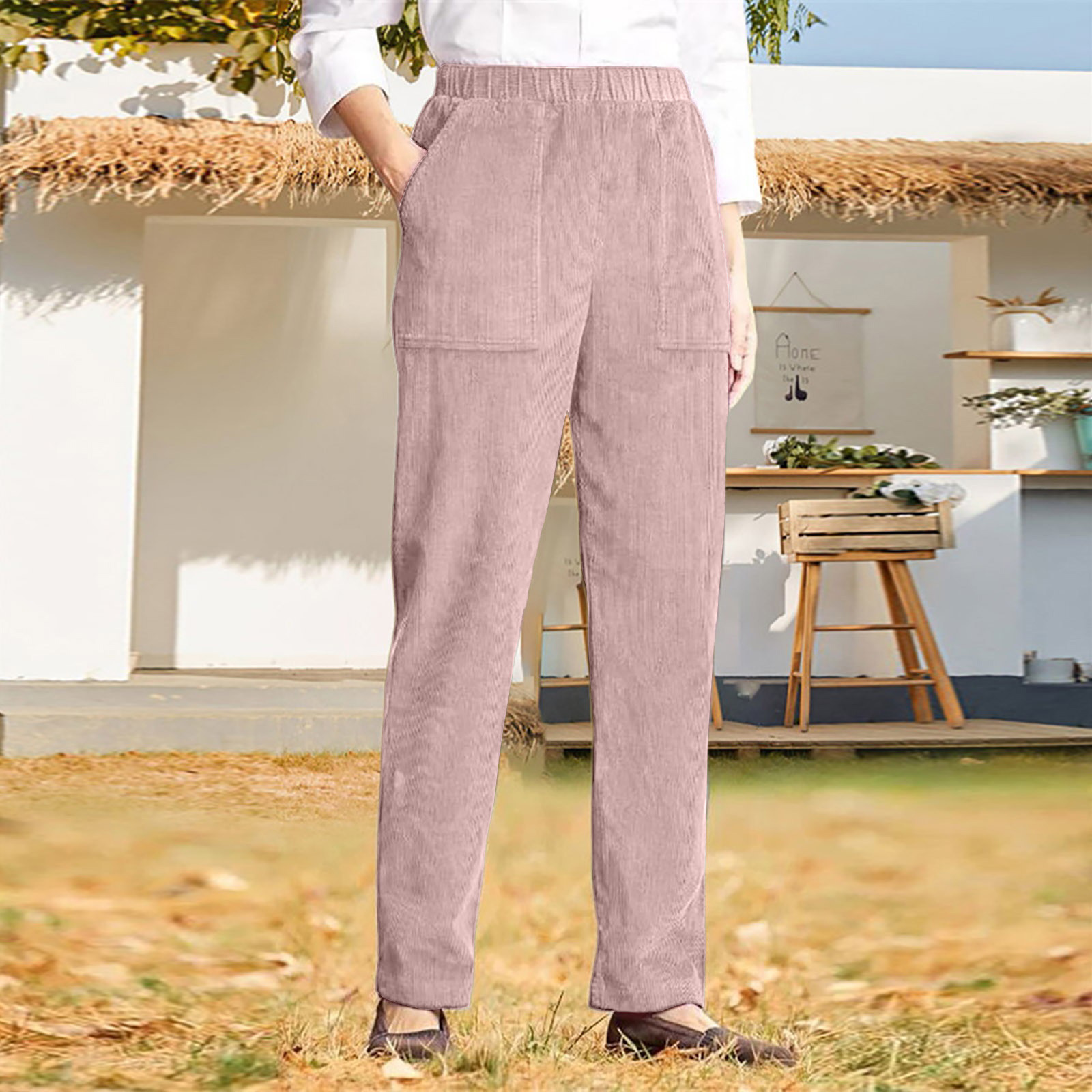 Women's Solid Color Elastic Waist Casual Corduroy Straight Leg Pants-Buy 3 Get Free Shipping