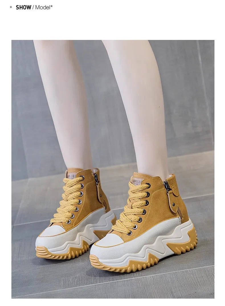Heel-Lift Leather Sneakers for Women - Boost Your Height with Style