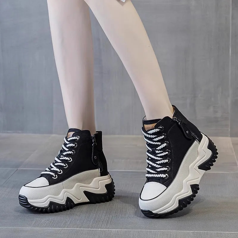 Heel-Lift Leather Sneakers for Women - Boost Your Height with Style