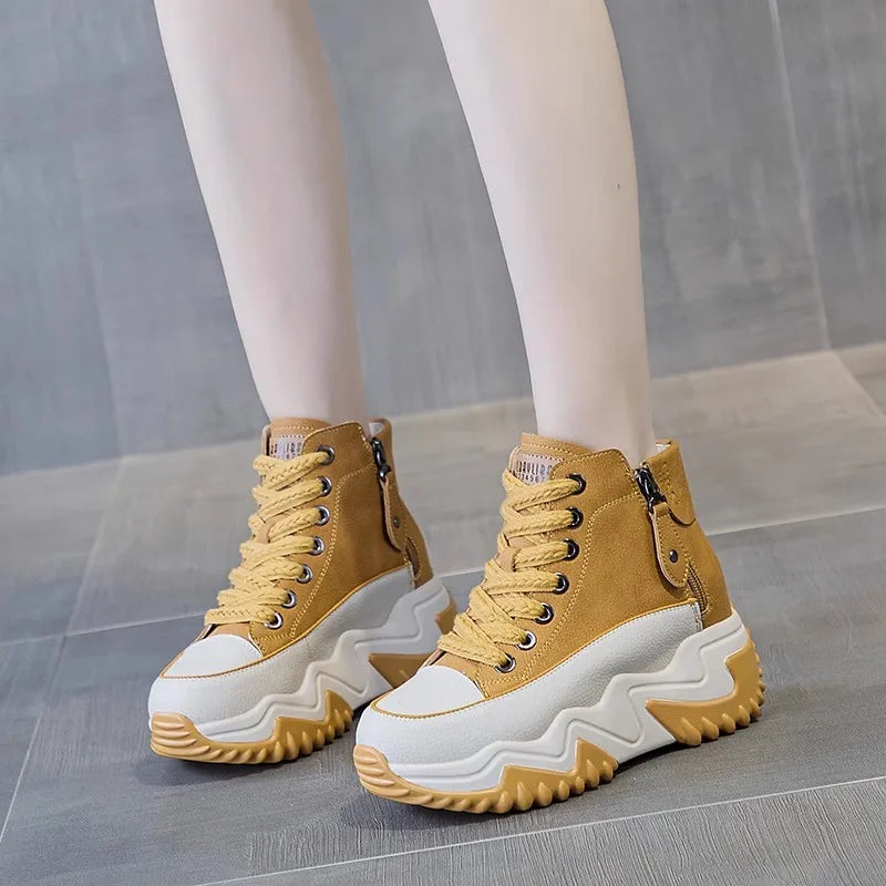Heel-Lift Leather Sneakers for Women - Boost Your Height with Style
