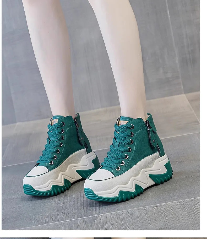 Heel-Lift Leather Sneakers for Women - Boost Your Height with Style