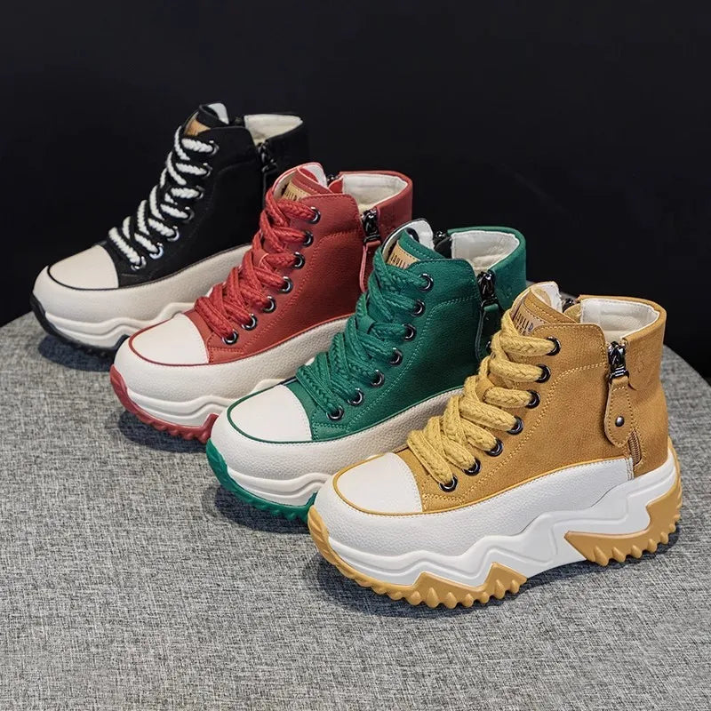 Heel-Lift Leather Sneakers for Women - Boost Your Height with Style