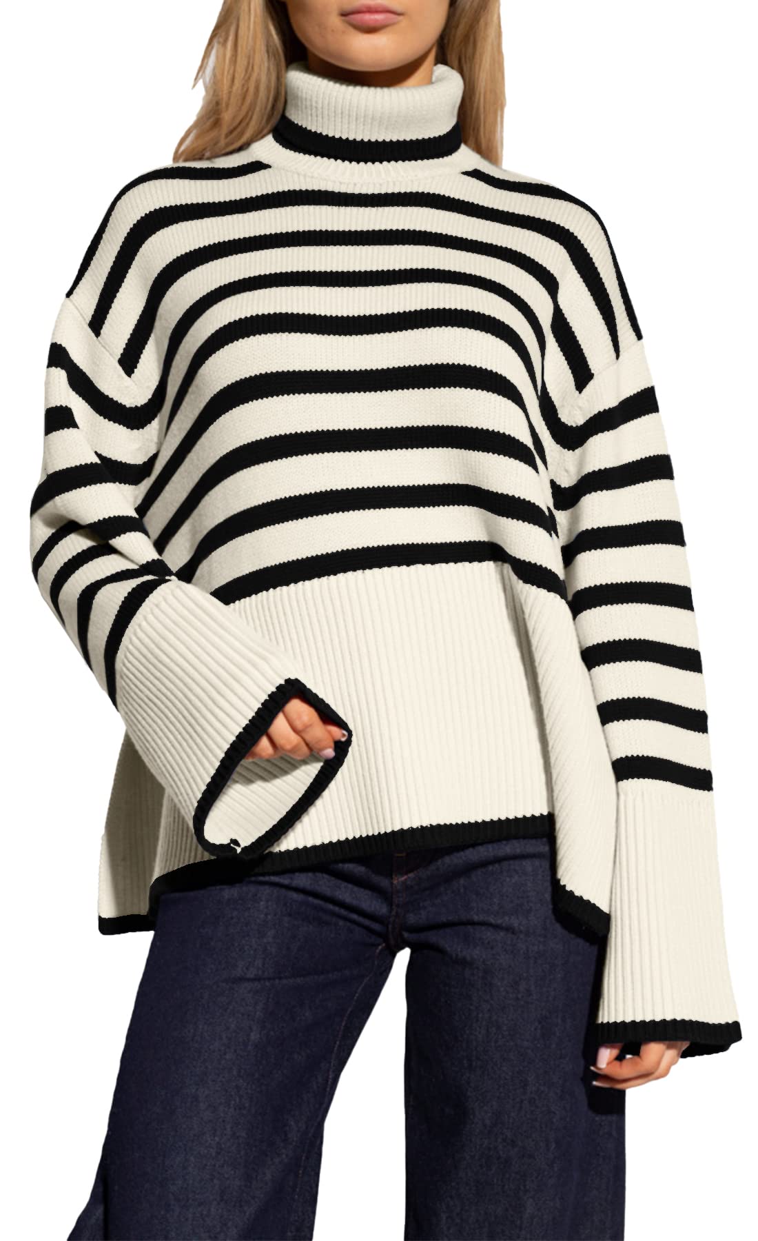 Women's Striped Turtleneck Sweater Long Sleeve Oversized Knitted Soft Pullover Sweaters Side Split