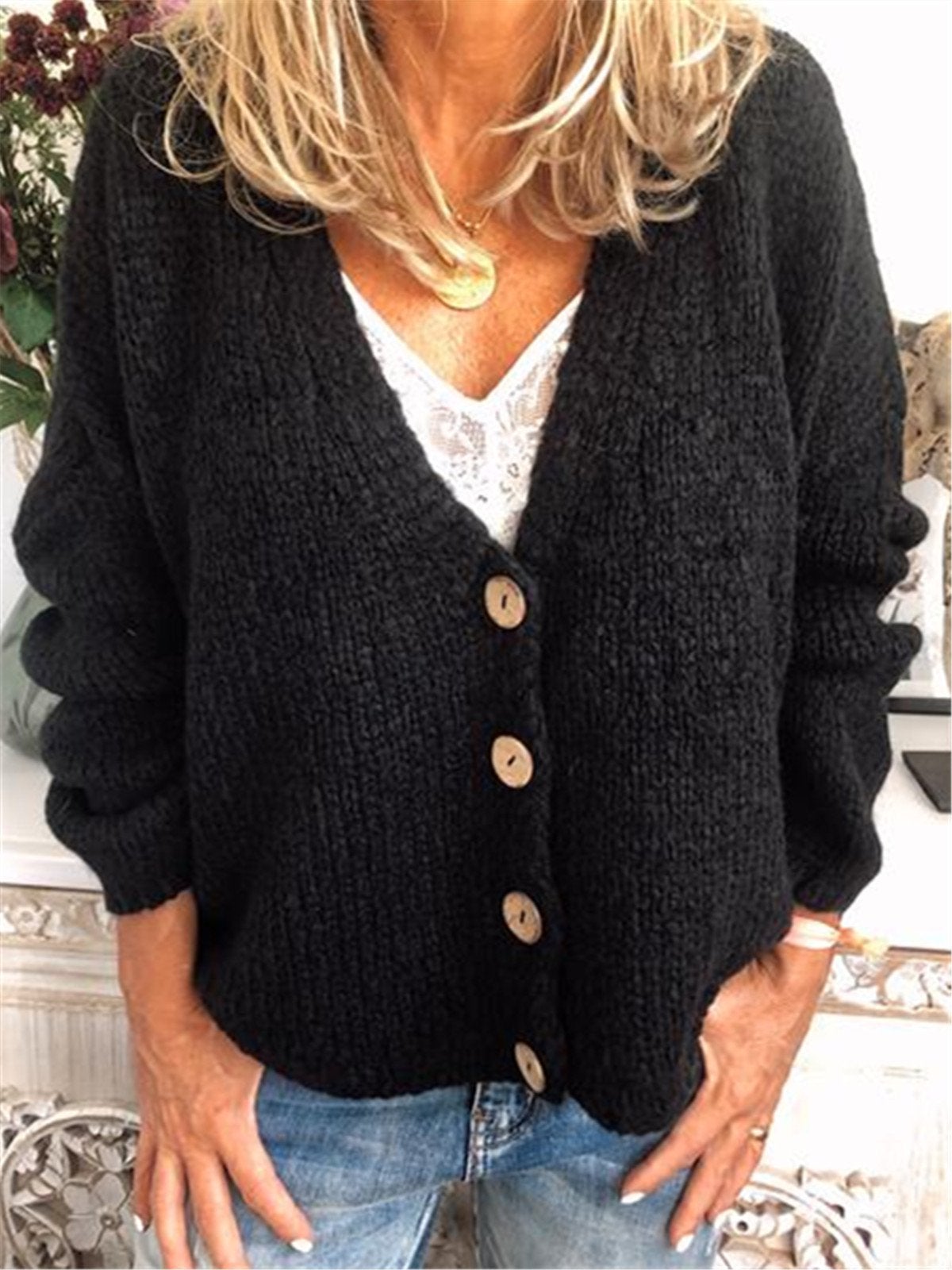 Casual Cotton-Blend V Neck Cardigan-Outerwear