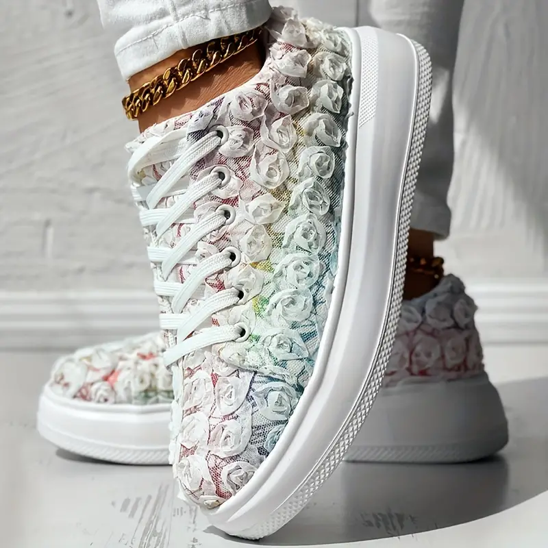 Women s Bridal Floral 3d Sneakers Lace Platform Soft Sole details 8
