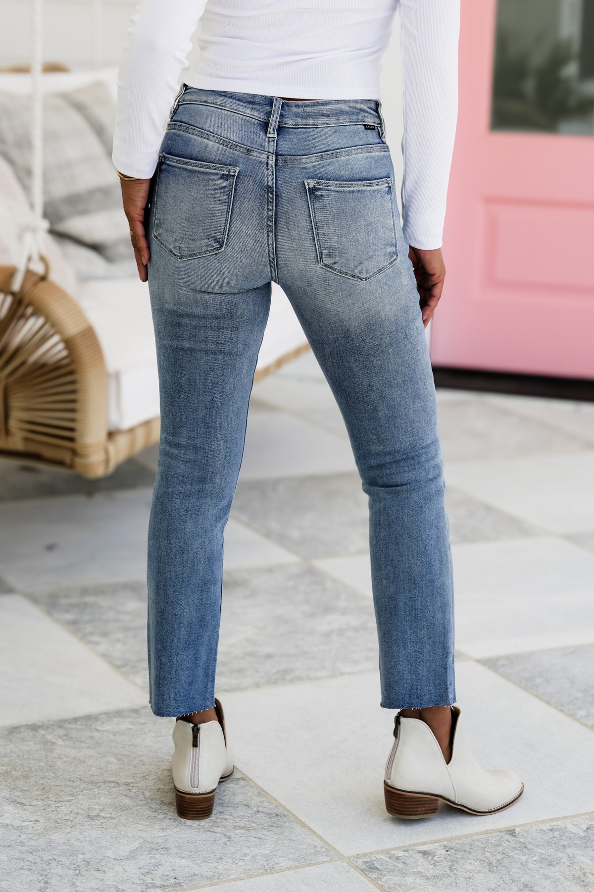 Risen Your Bestie High Rise Medium Wash Raw Edge Hem Straight Leg Jeans