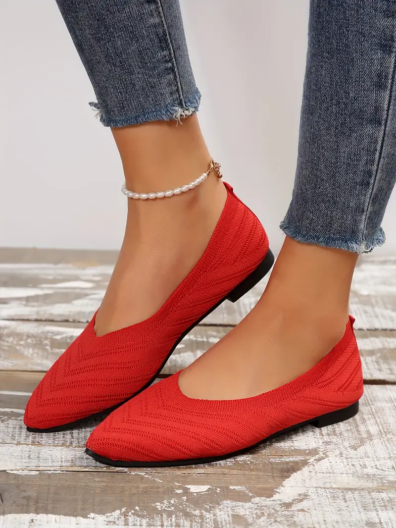 womens pointed toe flat shoes solid color knitted slip on shoes casual breathable ballet flats details 19