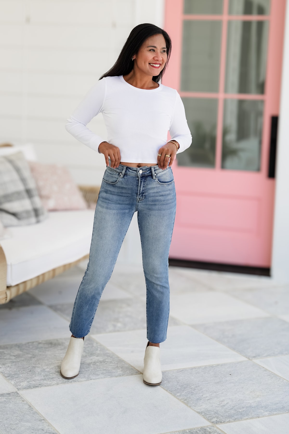 Risen Your Bestie High Rise Medium Wash Raw Edge Hem Straight Leg Jeans