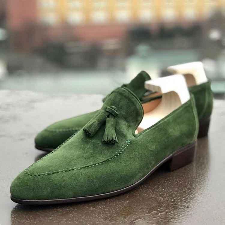 Men's green high-class tasseled loafers-Zittor