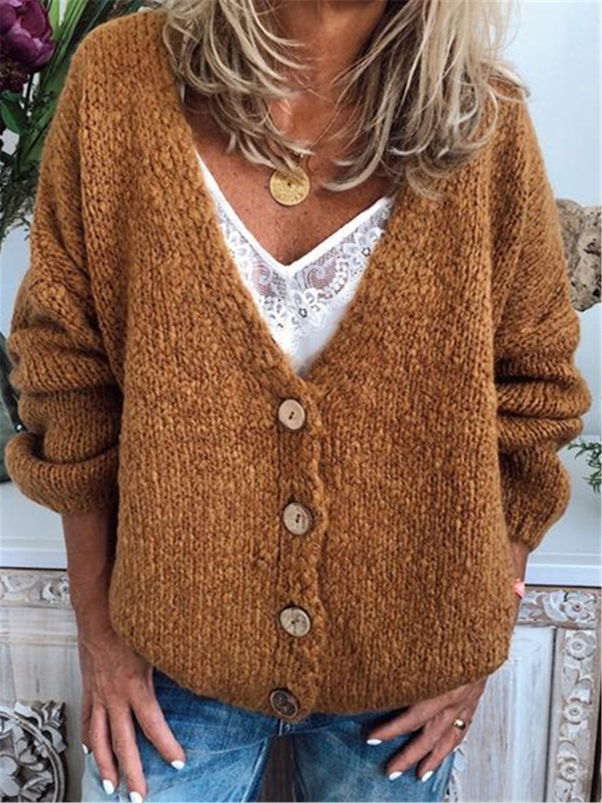 Casual Cotton-Blend V Neck Cardigan-Outerwear