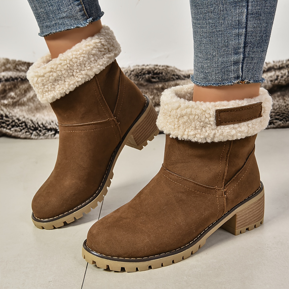 Women's Chunky Heel Slip-On Plush Lined Ankle Boots