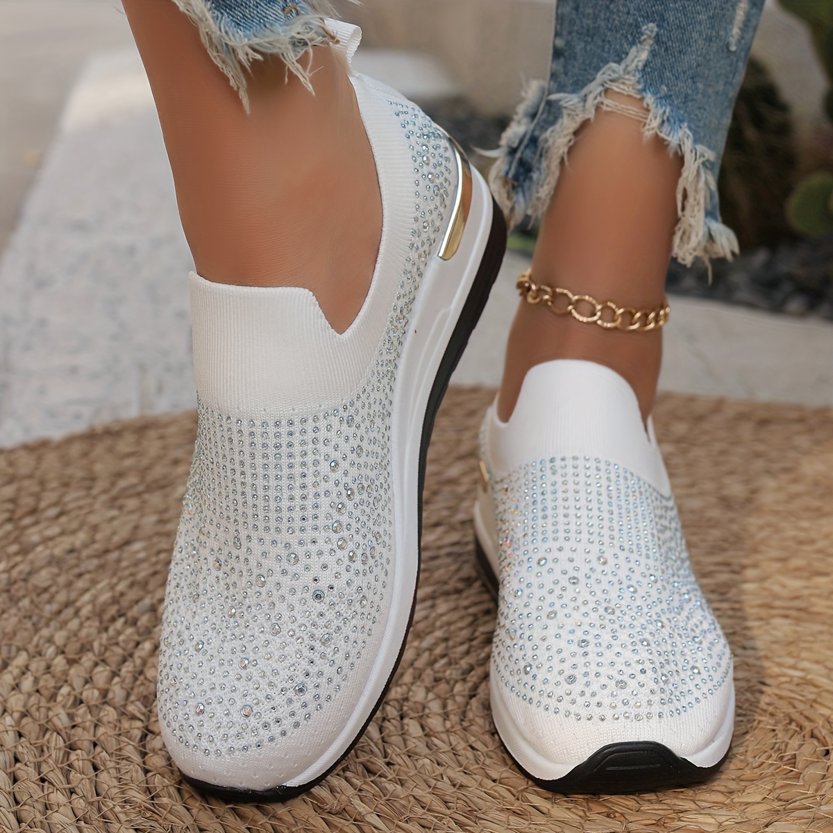 Women's Rhinestone Decor Platform Sneakers
