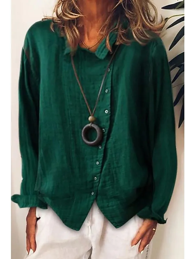 WOMEN'S CASUAL SHIRT SOLID COLOR LOOSE BUTTON LONG SLEEVES