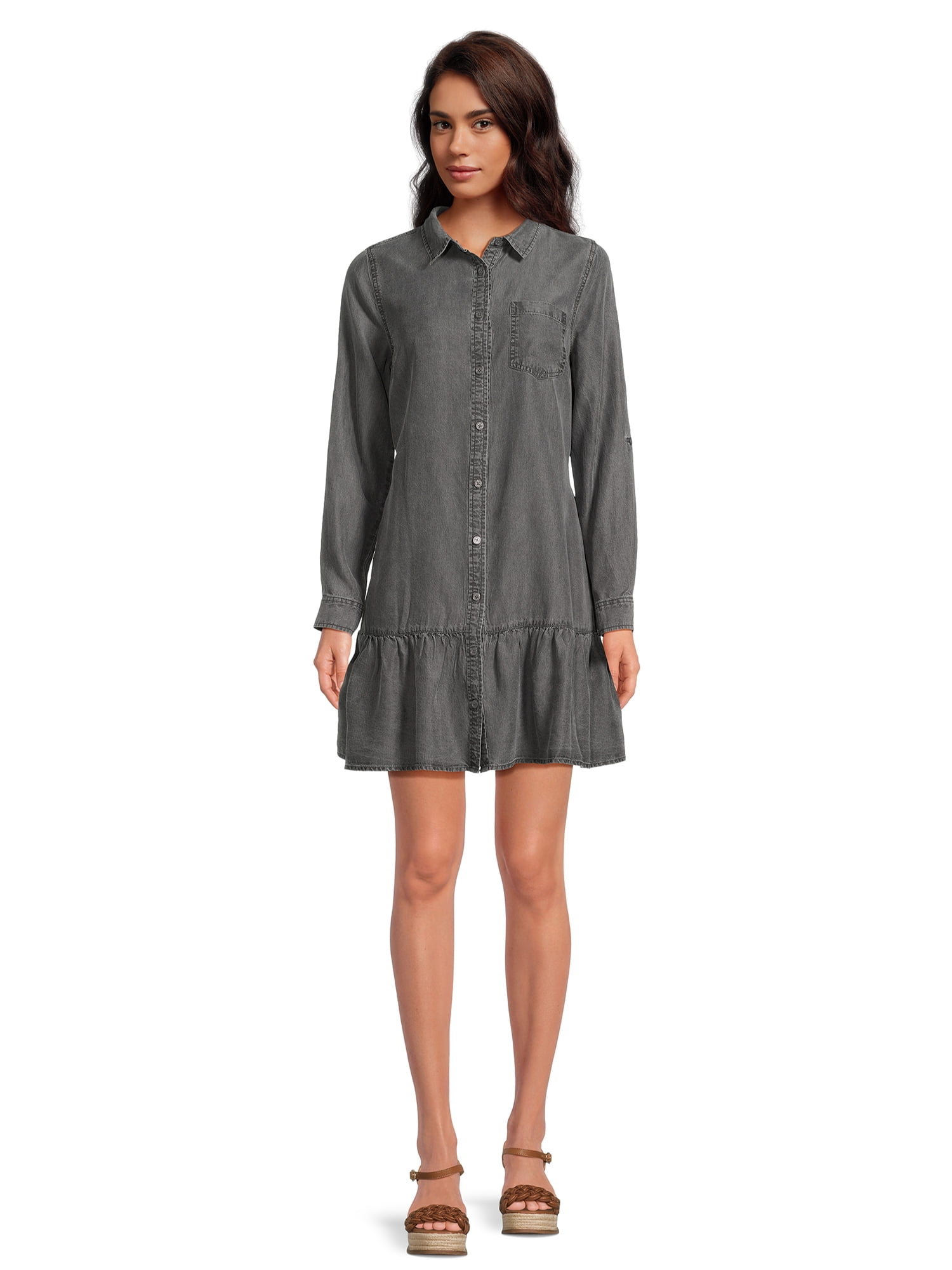 Time and Tru Women's Mini Shirt Dress with Long Sleeves