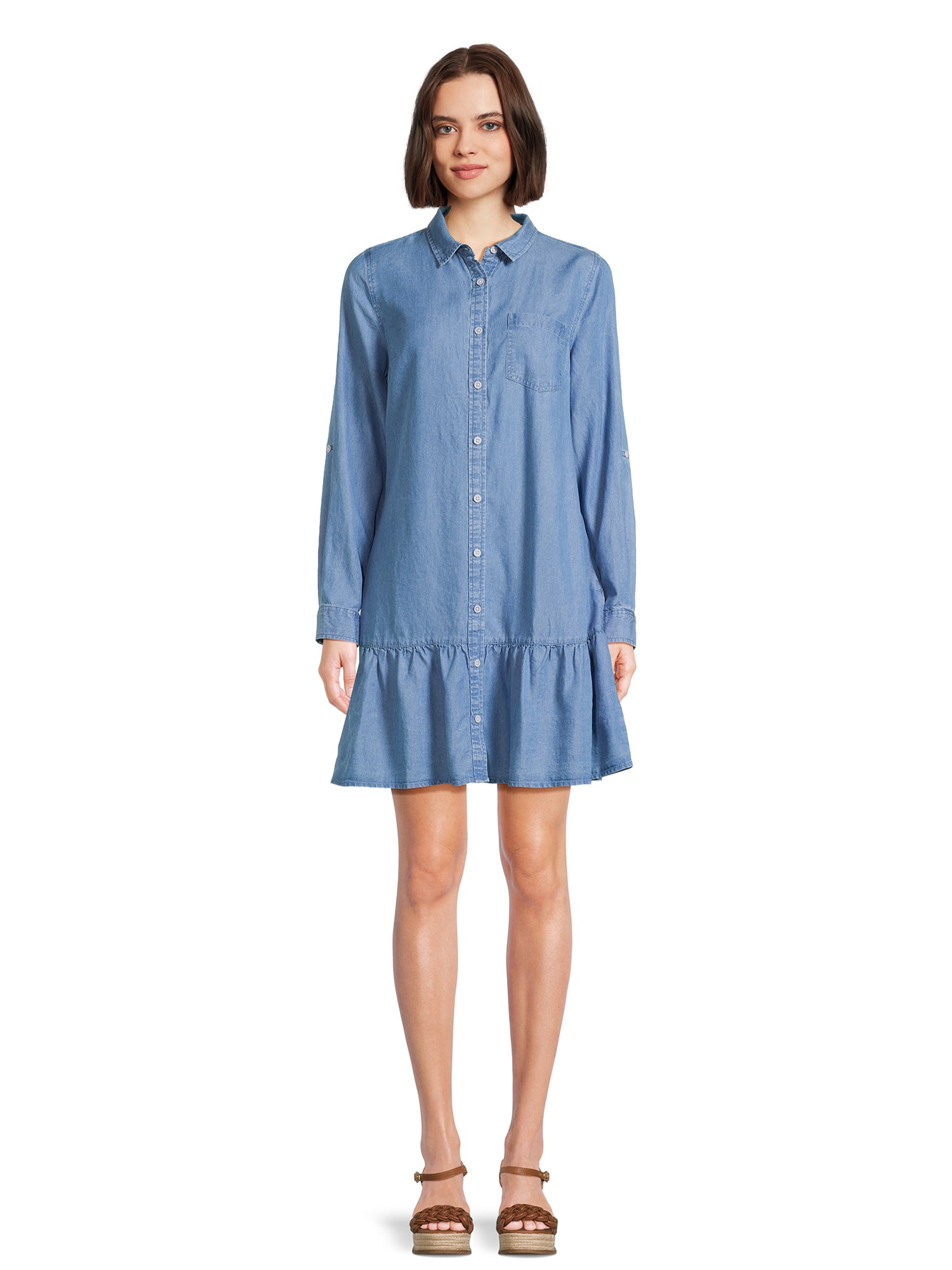 Time and Tru Women's Mini Shirt Dress with Long Sleeves