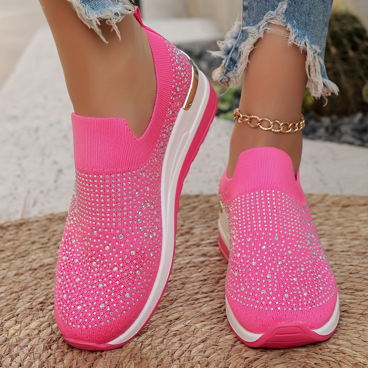Women's Rhinestone Decor Platform Sneakers