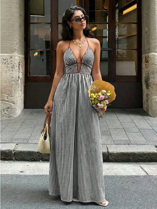 Summer Vacation Style Dress, Deep V-Neck Striped Halter Backless Dress