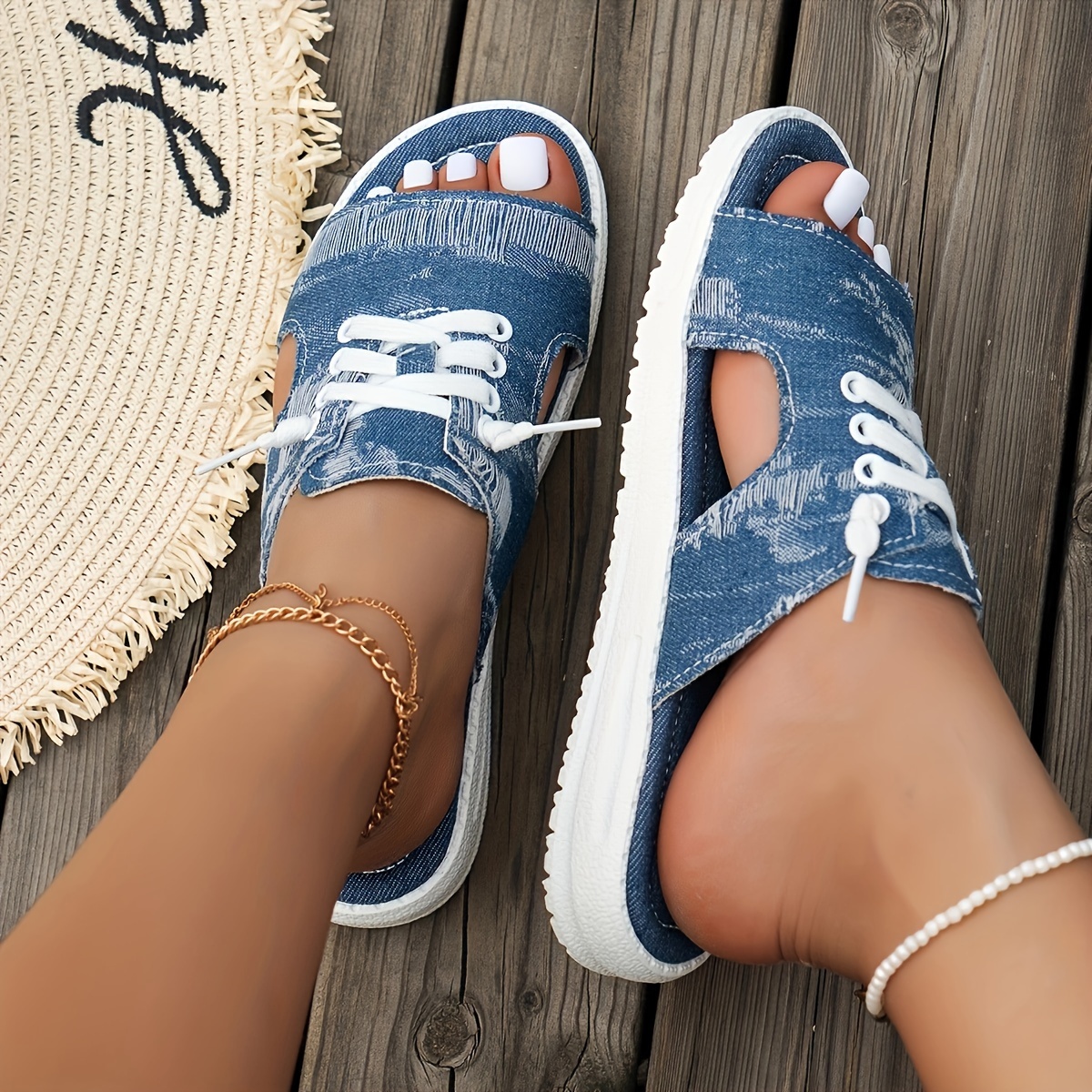 🔥Last Day Sale 60%🔥Stylish Denim Lace-up Sandals with Ripped Peep Toe Design