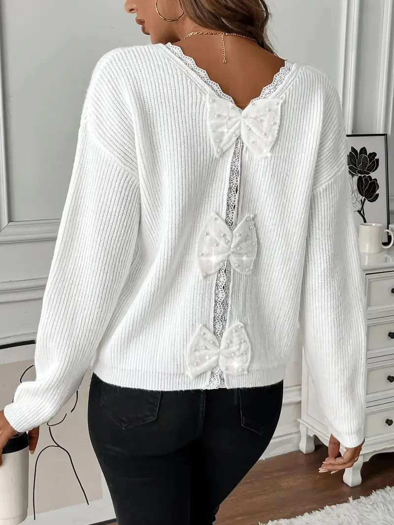 elegant v neck acrylic pullover sweater for women long sleeve solid color knit fabric top with back bow detail lace bow accent sweater Product details 3