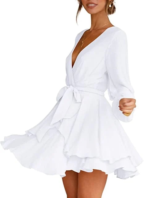 🔥V-Neck Waist Tie Ruffle Mini Swing Skater Dresses❤️Buy 2 Free Shipping