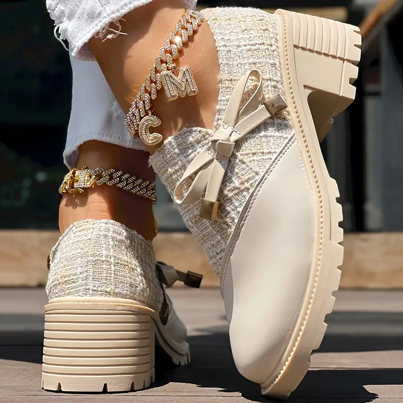 womens elegant colorblock shoes bowknot decor side zipper comfy shoes chunky heel dress shoes details 4