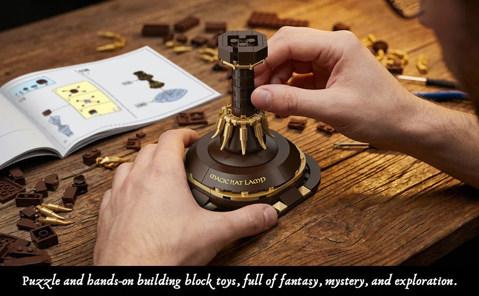 Wizard hat block lamp displayed in a dark room with a cozy night atmosphere