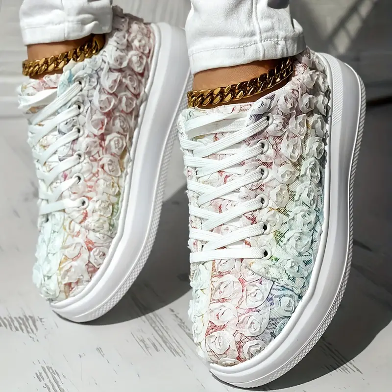 Women s Bridal Floral 3d Sneakers Lace Platform Soft Sole details 9