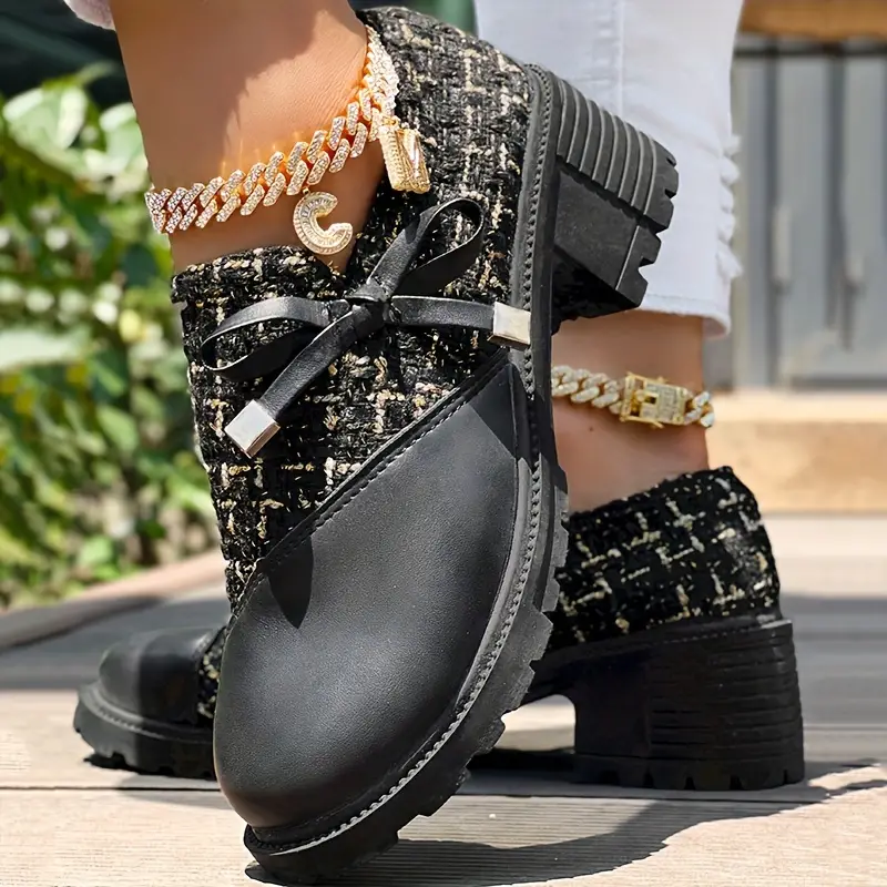 womens elegant colorblock shoes bowknot decor side zipper comfy shoes chunky heel dress shoes details 6