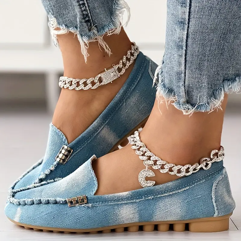 Women s Denim Flat Loafers Casual Round Toe Slip Low Top details 5
