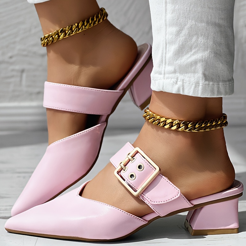 Women's Solid Color Mary Jane, Slip On Buckle Point Toe Block Heel Shoes, Elegant Women's Shoes