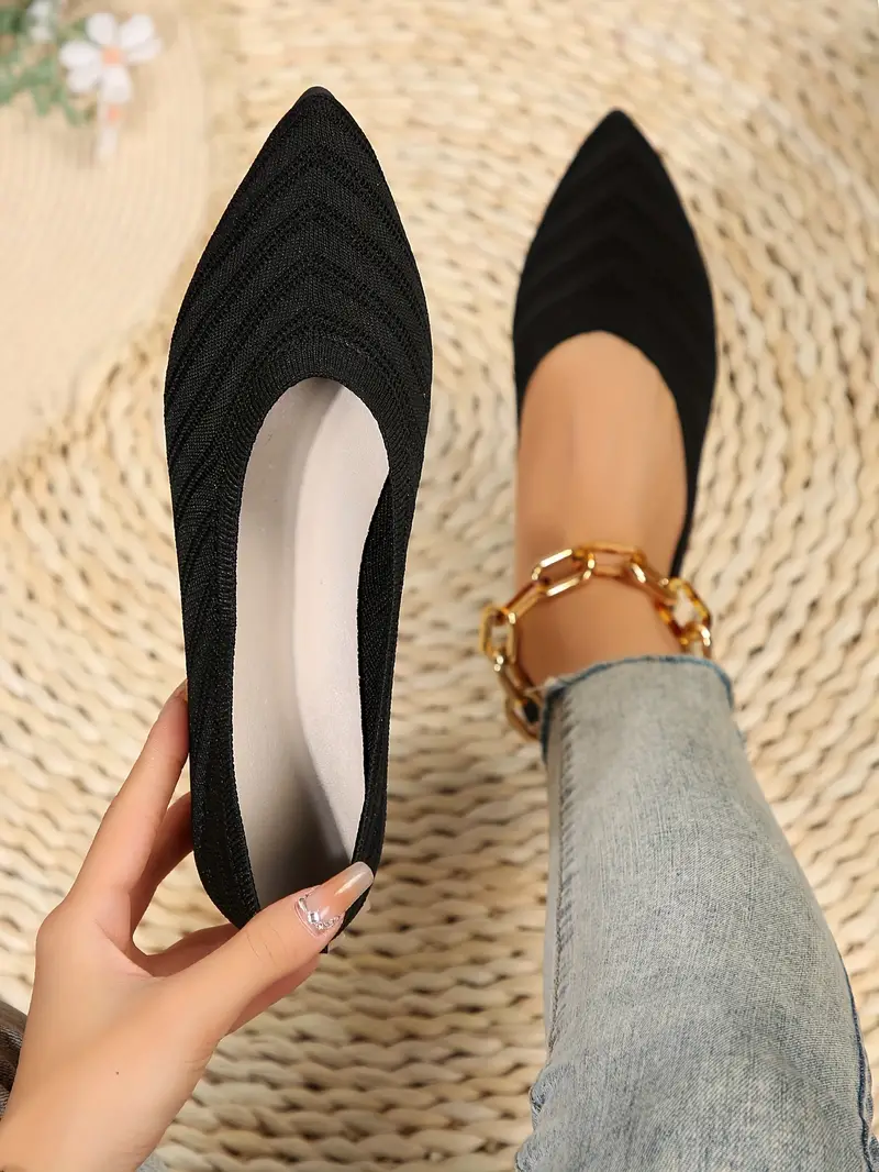 womens pointed toe flat shoes solid color knitted slip on shoes casual breathable ballet flats details 6