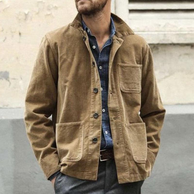Men's Vintage Solid Color Multi Pocket Lapel Long Sleeve Workwear Jacket
