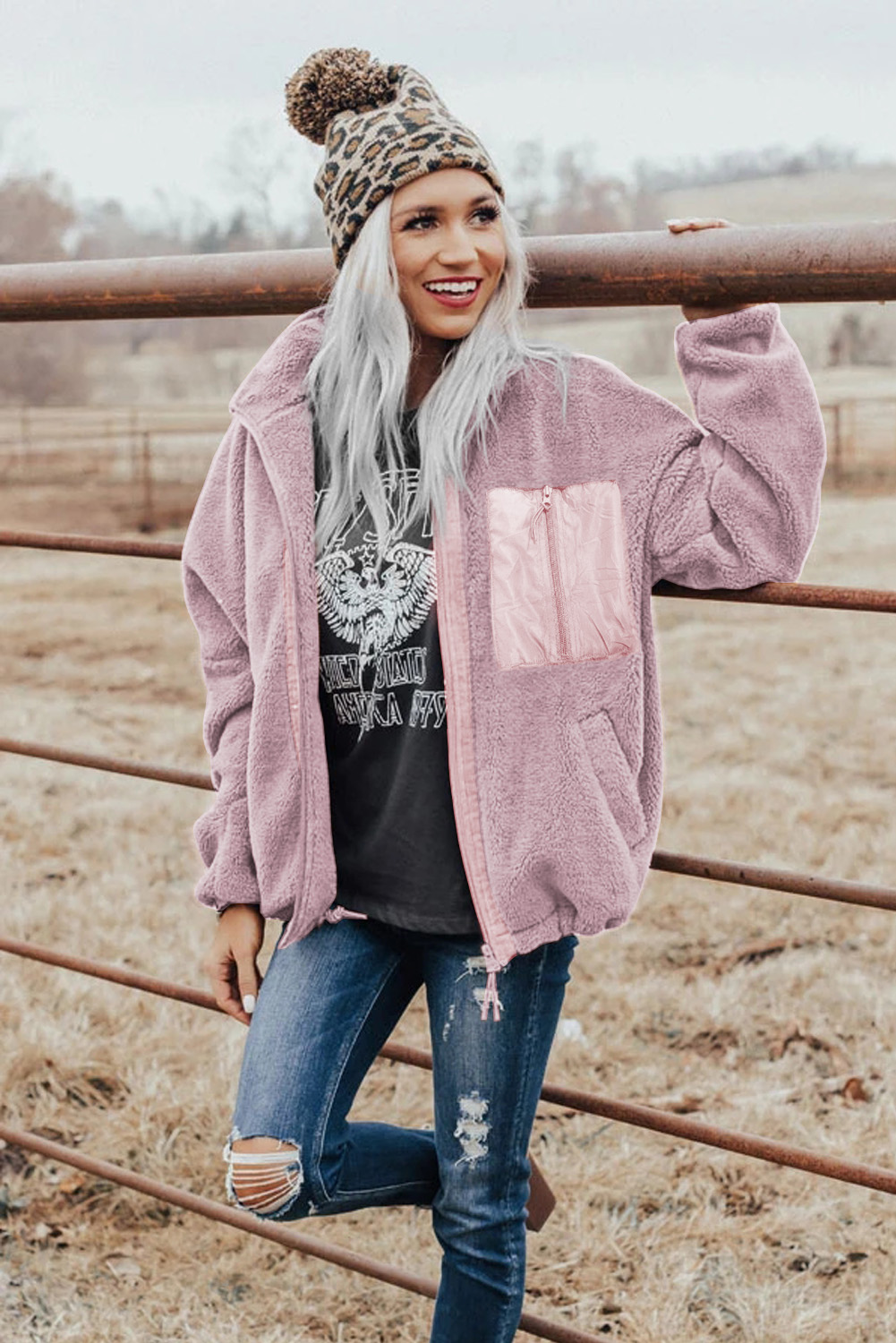 Blue Black Zip Up Sherpa Coat with Pocket