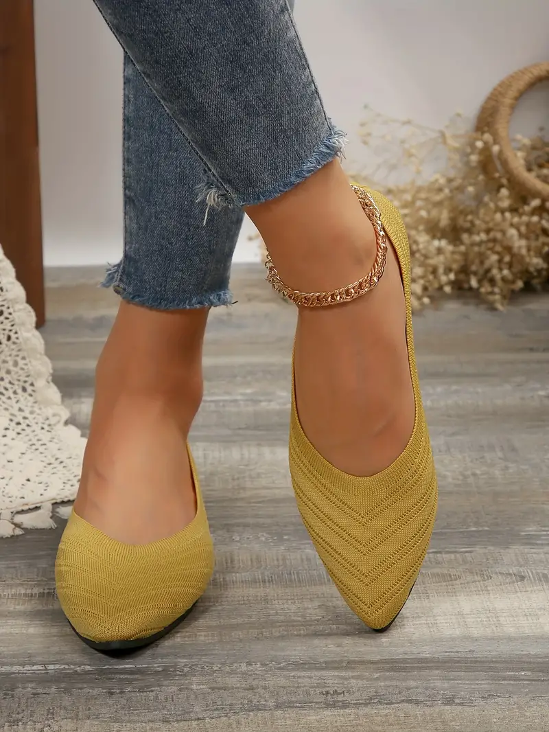 womens pointed toe flat shoes solid color knitted slip on shoes casual breathable ballet flats details 14