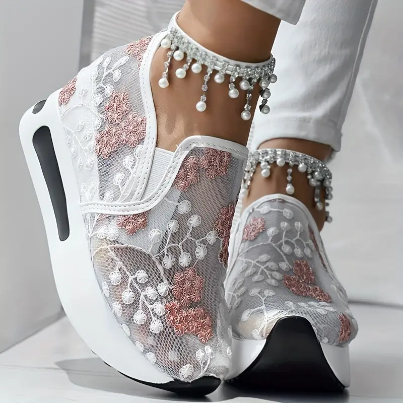 Floral Embroidery Sheer Mesh Sneakers details 0