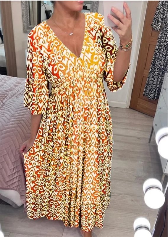 🌸 💞Casual Printed V-Neck Long Dress