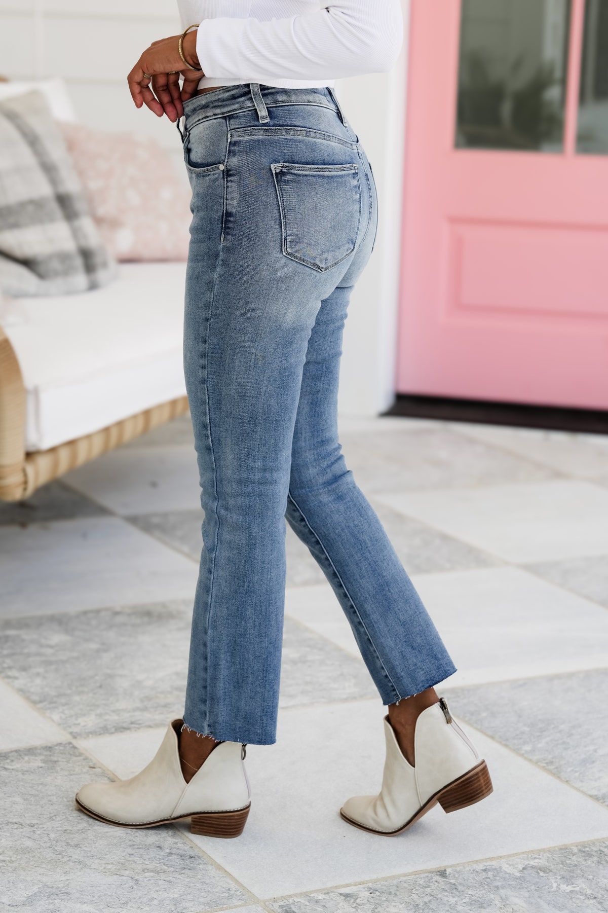 Risen Your Bestie High Rise Medium Wash Raw Edge Hem Straight Leg Jeans