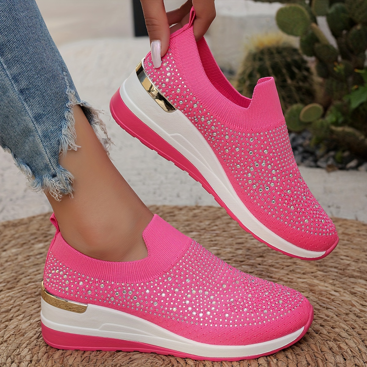 Women's Rhinestone Decor Platform Sneakers