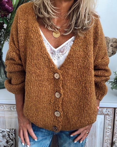 Casual Cotton-Blend V Neck Cardigan-Outerwear