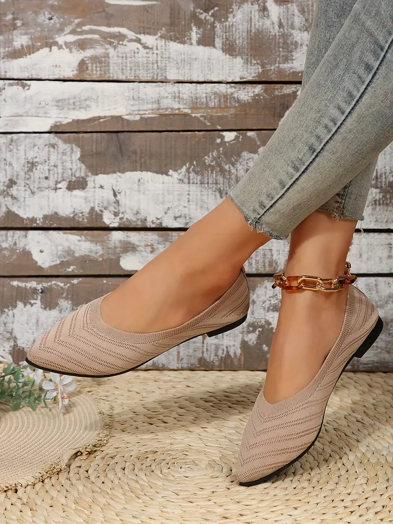 womens pointed toe flat shoes solid color knitted slip on shoes casual breathable ballet flats details 2